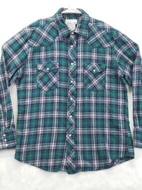 Wrangler Wrancher Shirt Mens Large Green Blue Western Pearl Snap Cotton Plaid